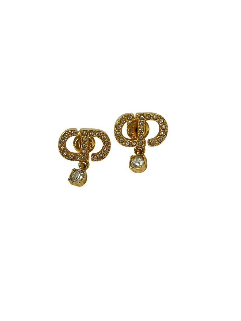 Dior Earrings Gold Light Blue Rhinestone CD Motif